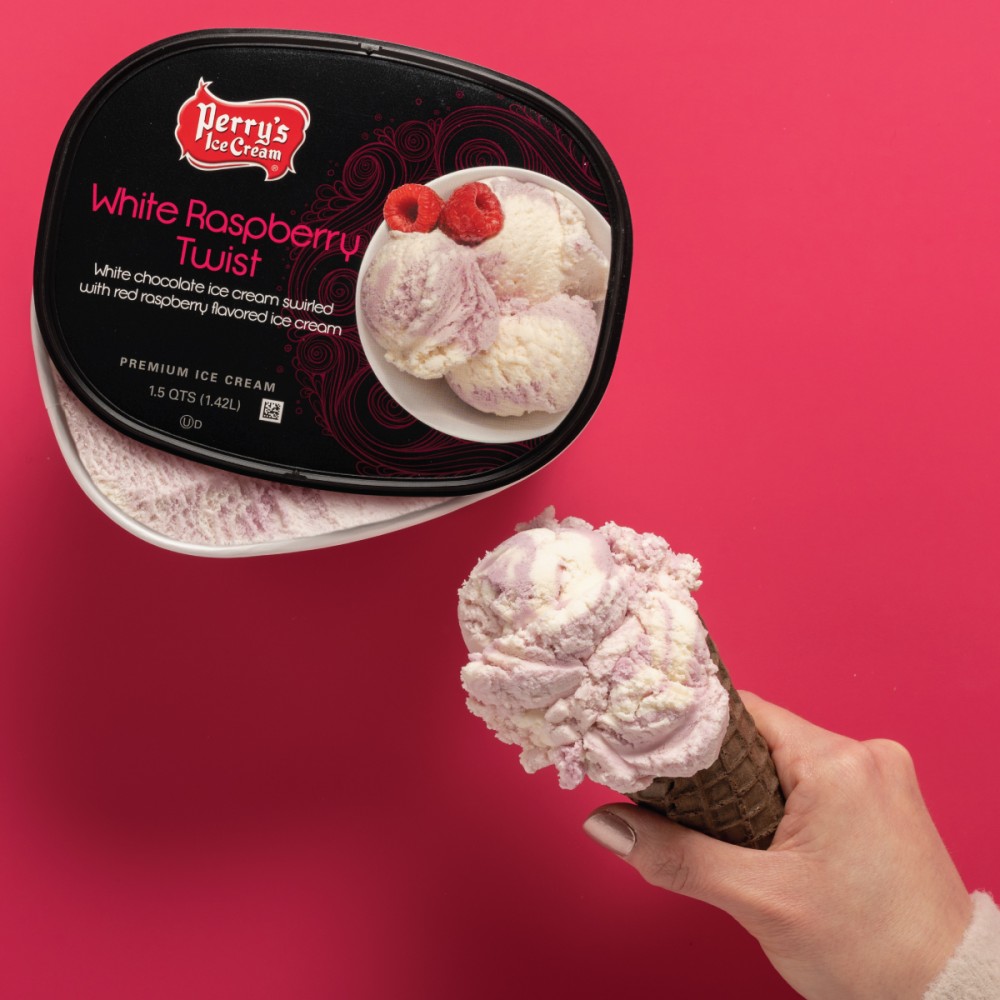 White Choco Rasp Stage set with hand01 Perry's Ice Cream